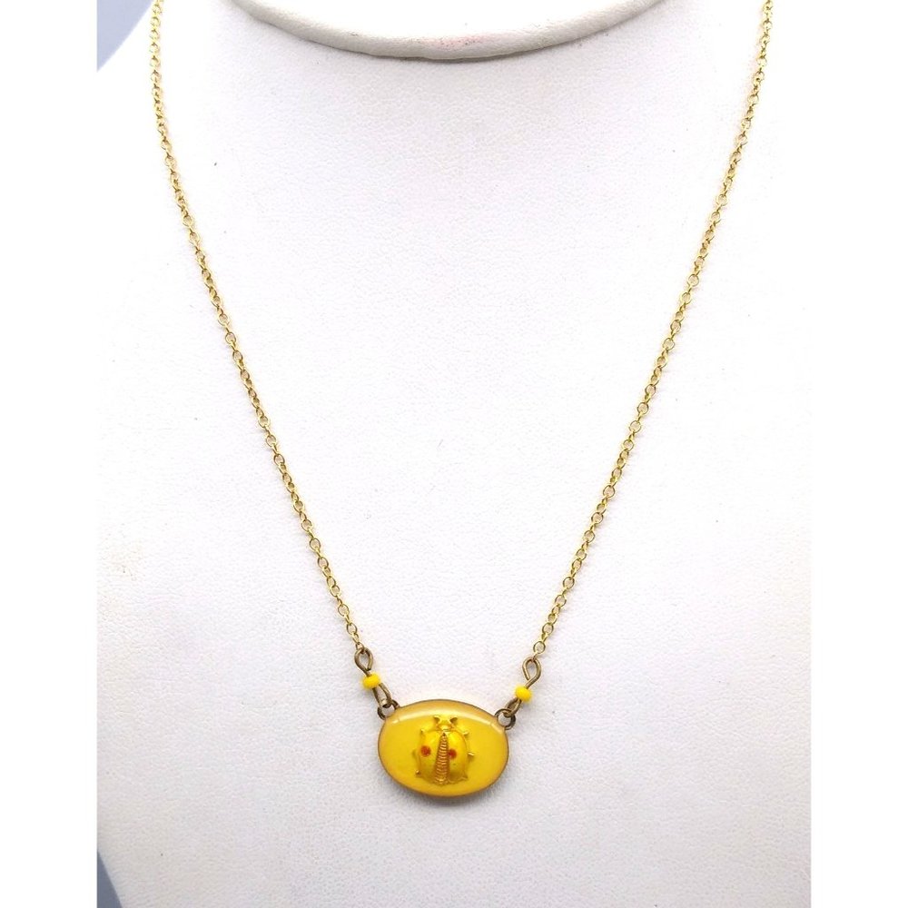 Summer Yellow Enamel Ladybug Pendant on Delicate Gold Tone Chain Necklace